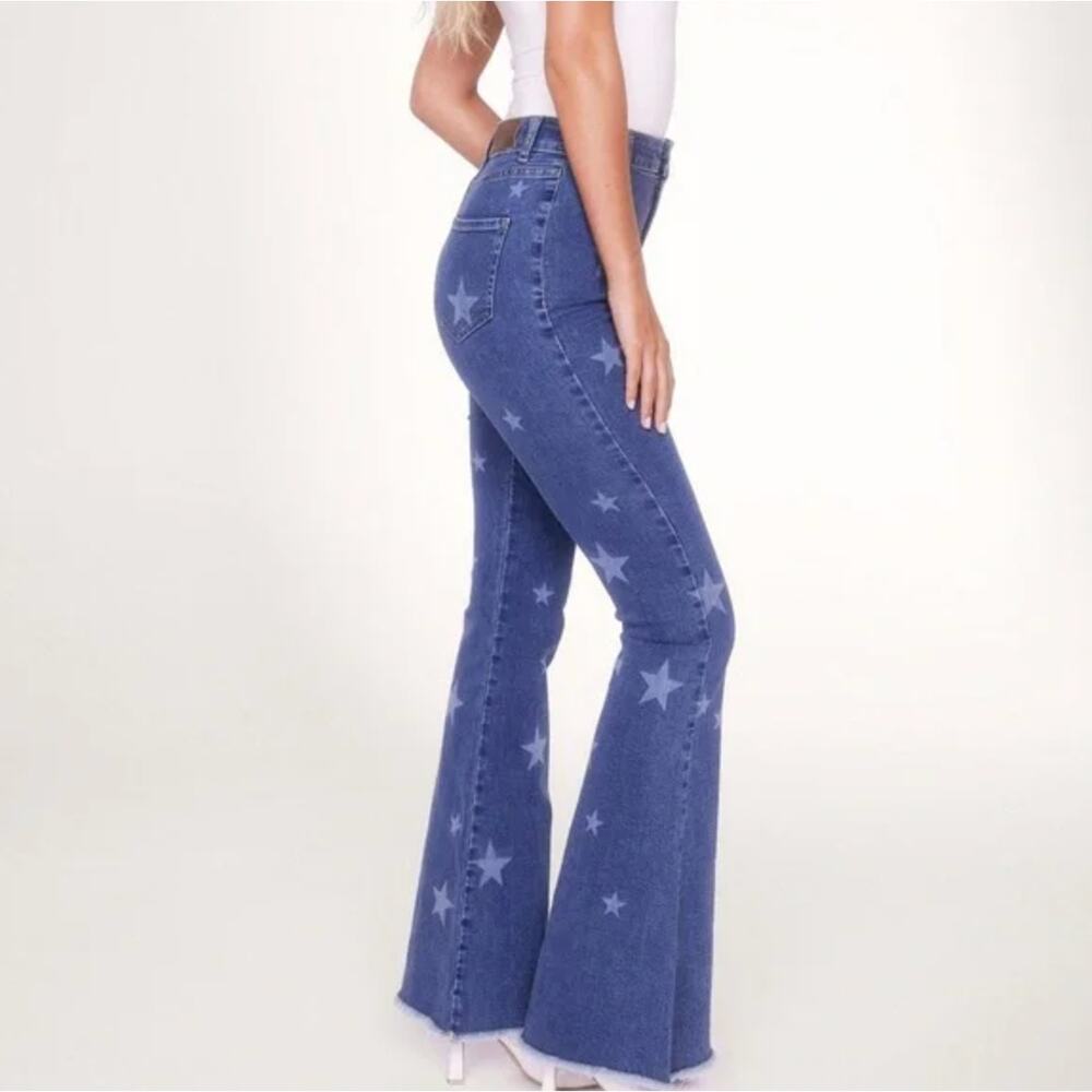 Nasty Gal Star Print Flare Jeans Women’s US 12 USA Y2K Americana Western 29x32 - Picture 14 of 16